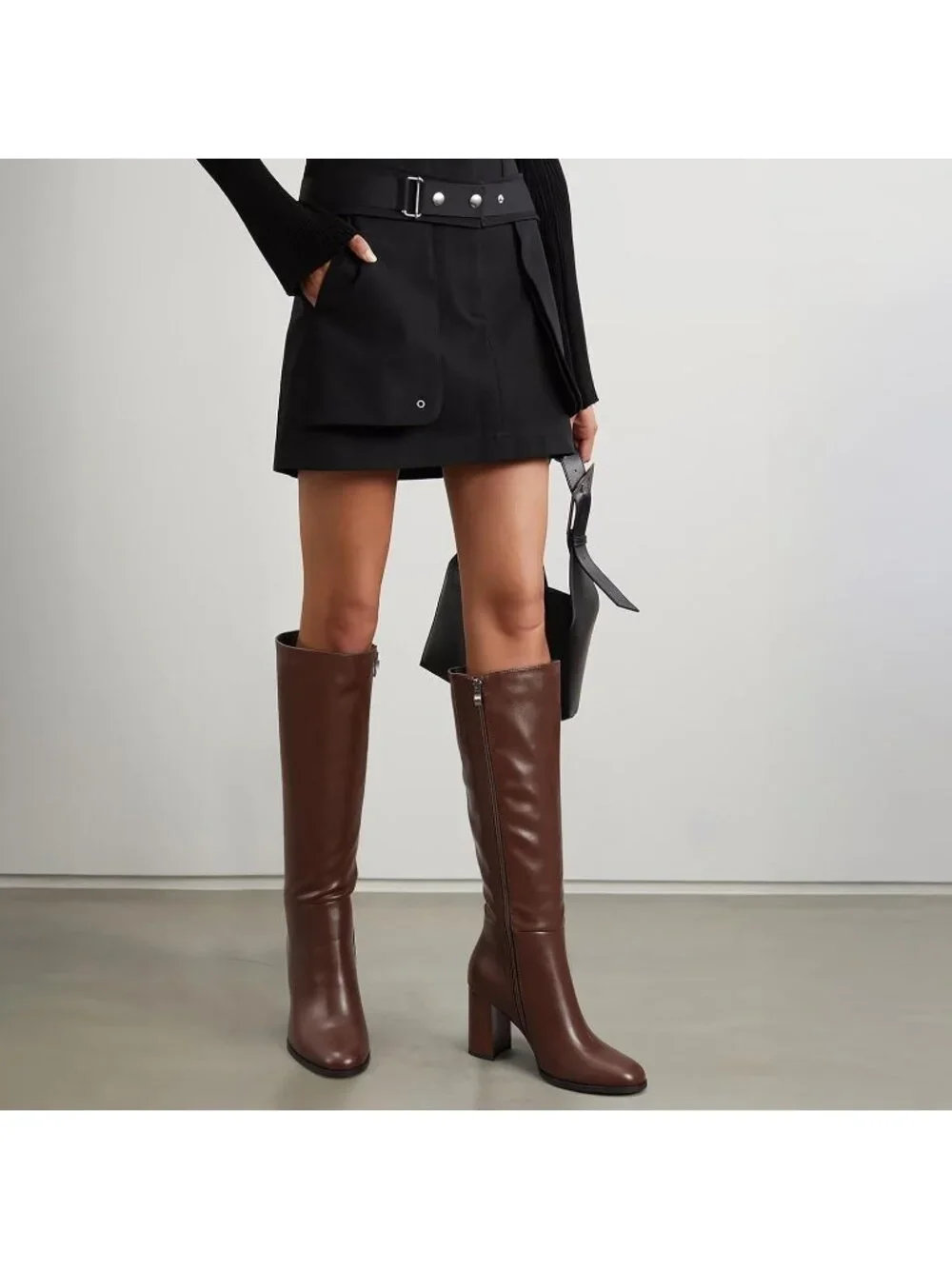 Women's Brown Round Toe Side Zip Chunky Heel Fashion Tall Knee High